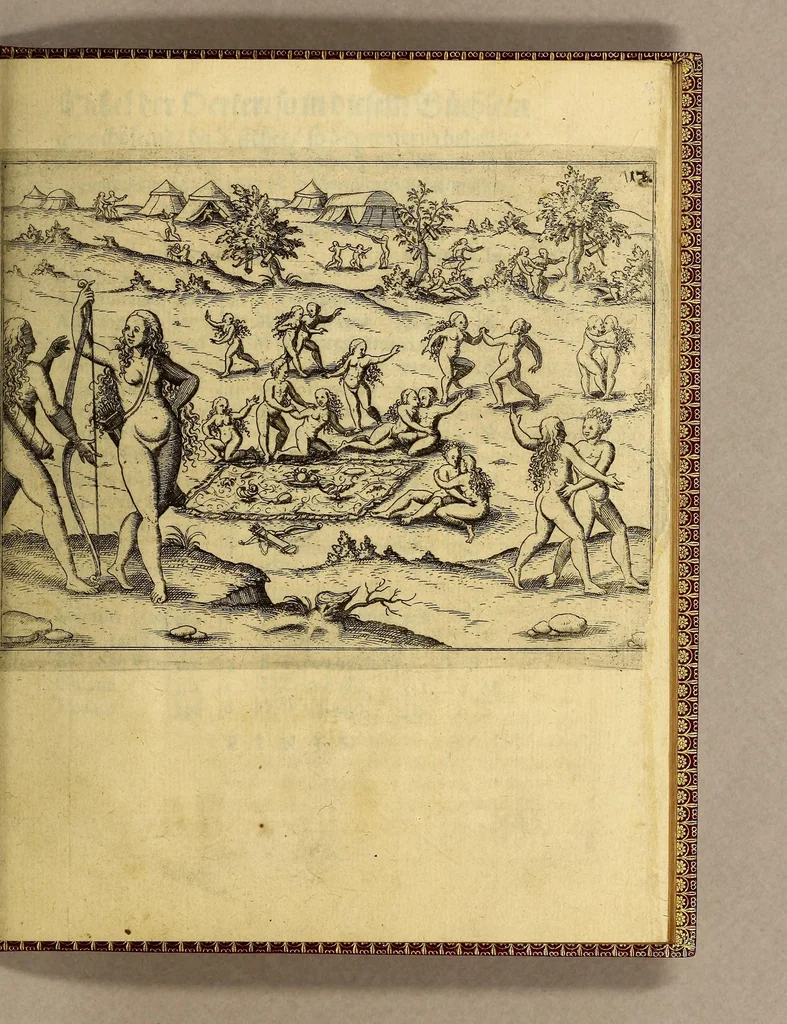 An illustration from Die fünffte kurtze wunderbare Beschreibung, dess Goldreichen Königreichs Guianae in America oder newen Welt, vnter der Linea Aequinoctiali gelegen: so neulich Anno 1594. 1595. vnd 1596. von dem wolgebornen Herrn, Herrn Walthero Ralegh einem englischen Ritter, besucht worden: : erstlich auss befehl seiner Gnaden in zweyen Büchlein beschrieben, darauss Jodocus Hondius, eine schöne Landt Tafel, mit einer niderländischen Erklärung gemacht. Jetzt aber ins Hochteutsch gebracht, vnd auss vnterschiedlichen Authoribus erkläret, 1612, leaf 41