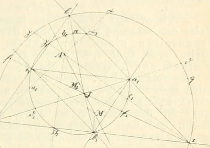 An illustration from Die geometrischen Constructionen, ausgeführt mittelst der geraden Linie und eines festen Kreises, als Lehrgegegenstand auf höheren Unterrichts-Anstalten und zur praktischen Benutzung, Hrsg. von A.J.v. Oettingen, 1895, leaf 40