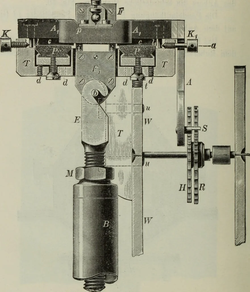 An illustration from Die Hemmungen der Uhren, ihre Entwicklung, Konstruktion, Reparatur und Behandlung vor der Reglage, nebst zugehörigen Tabellen zahlreichen Abbildungen und 6 Porträts. Allegemein verständlich für Uhrmacher, Ingenieure, Techniker u.s.w, 1905, leaf 227