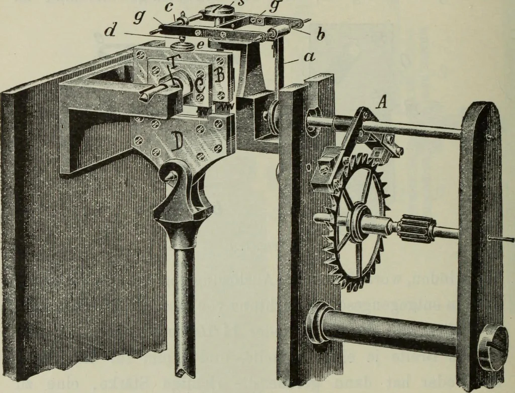 An illustration from Die Hemmungen der Uhren, ihre Entwicklung, Konstruktion, Reparatur und Behandlung vor der Reglage, nebst zugehörigen Tabellen zahlreichen Abbildungen und 6 Porträts. Allegemein verständlich für Uhrmacher, Ingenieure, Techniker u.s.w, 1905, leaf 229