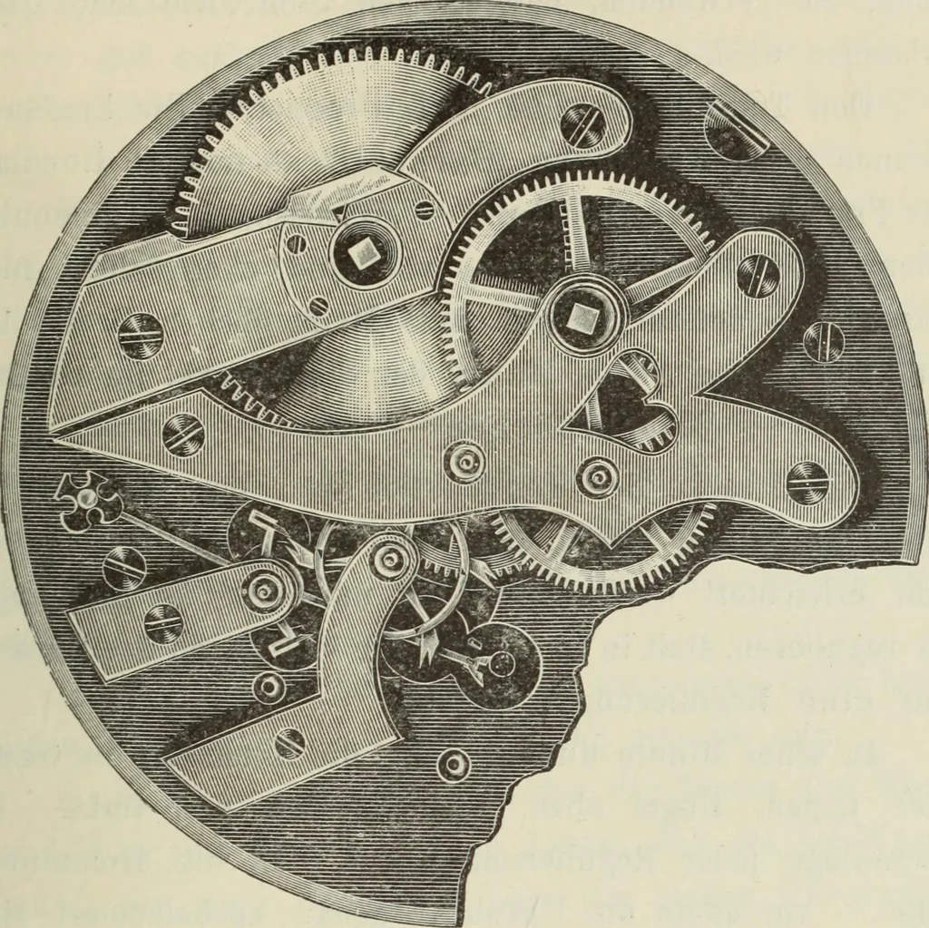 An illustration from Die Hemmungen der Uhren, ihre Entwicklung, Konstruktion, Reparatur und Behandlung vor der Reglage, nebst zugehörigen Tabellen zahlreichen Abbildungen und 6 Porträts. Allegemein verständlich für Uhrmacher, Ingenieure, Techniker u.s.w, 1905, leaf 240