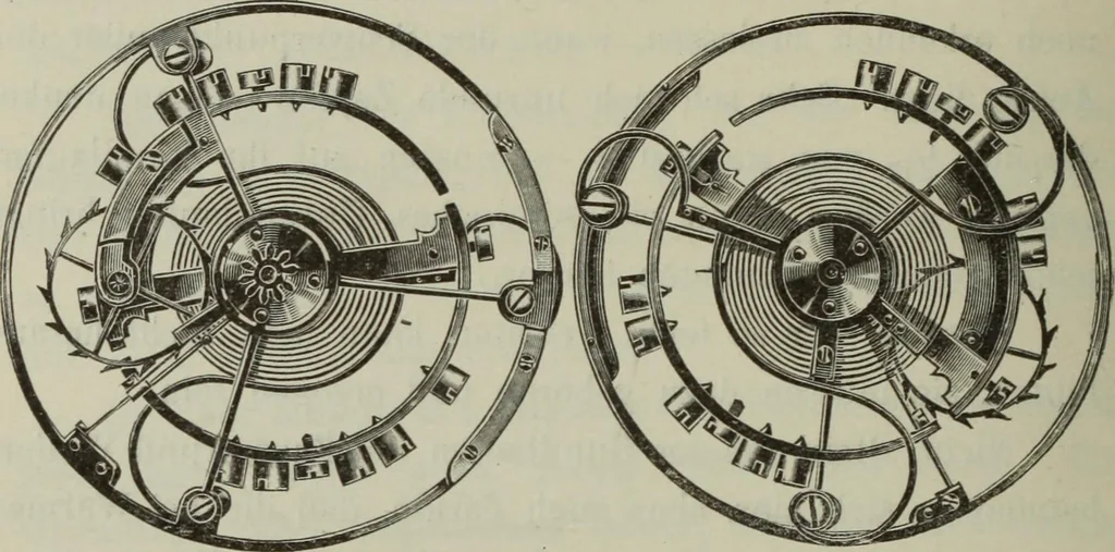 An illustration from Die Hemmungen der Uhren, ihre Entwicklung, Konstruktion, Reparatur und Behandlung vor der Reglage, nebst zugehörigen Tabellen zahlreichen Abbildungen und 6 Porträts. Allegemein verständlich für Uhrmacher, Ingenieure, Techniker u.s.w, 1905, leaf 243