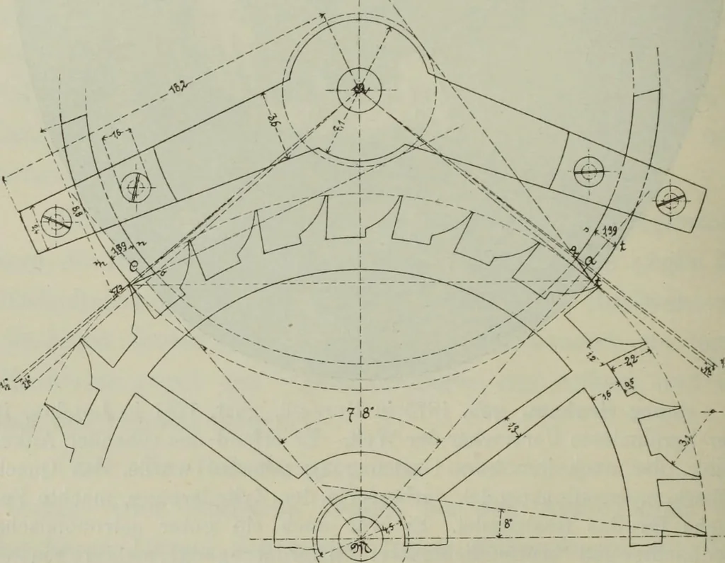 An illustration from Die Hemmungen der Uhren, ihre Entwicklung, Konstruktion, Reparatur und Behandlung vor der Reglage, nebst zugehörigen Tabellen zahlreichen Abbildungen und 6 Porträts. Allegemein verständlich für Uhrmacher, Ingenieure, Techniker u.s.w, 1905, leaf 65