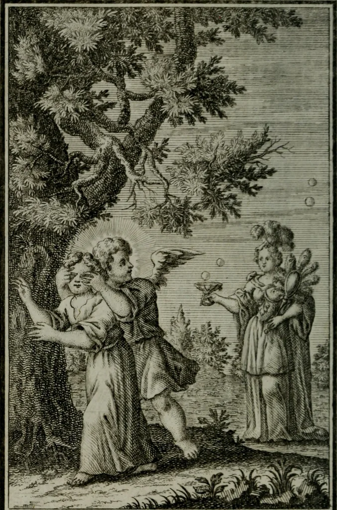 An illustration from Die ihren Gott liebende Seele, vorgestellt in den Sinnbildern des Hermanni Hugonis über seine Pia desideria, und des Ottonis Vaenii, über die Liebe Gottes, mit neuen Kupffern und Versen, welche zielen auf das innere Christenthum, aus dem Frantzösischen ins Teutsche übersetzt, 1743, leaf 101