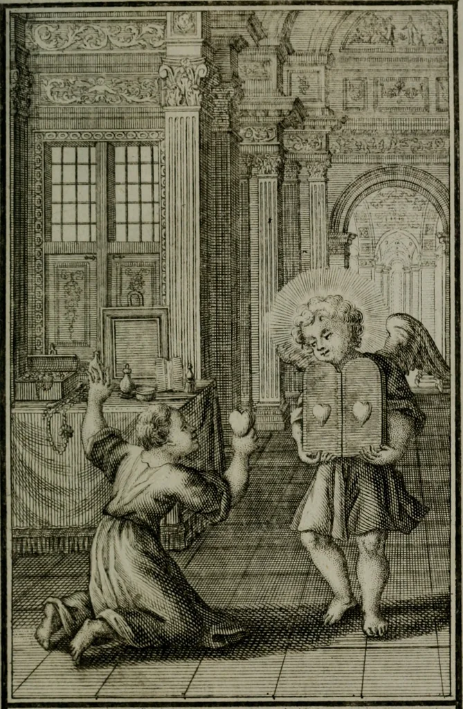 An illustration from Die ihren Gott liebende Seele, vorgestellt in den Sinnbildern des Hermanni Hugonis über seine Pia desideria, und des Ottonis Vaenii, über die Liebe Gottes, mit neuen Kupffern und Versen, welche zielen auf das innere Christenthum, aus dem Frantzösischen ins Teutsche übersetzt, 1743, leaf 104