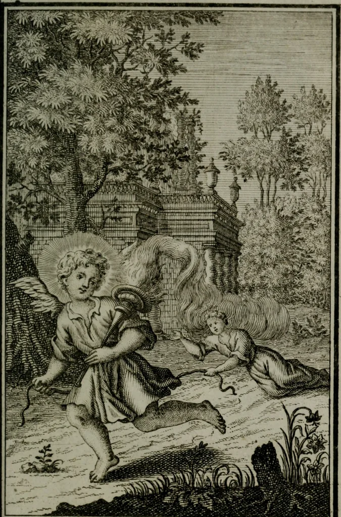 An illustration from Die ihren Gott liebende Seele, vorgestellt in den Sinnbildern des Hermanni Hugonis über seine Pia desideria, und des Ottonis Vaenii, über die Liebe Gottes, mit neuen Kupffern und Versen, welche zielen auf das innere Christenthum, aus dem Frantzösischen ins Teutsche übersetzt, 1743, leaf 110