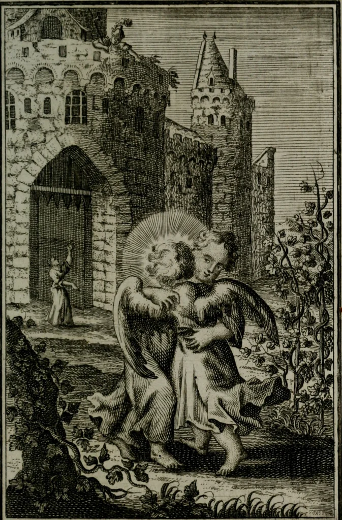 An illustration from Die ihren Gott liebende Seele, vorgestellt in den Sinnbildern des Hermanni Hugonis über seine Pia desideria, und des Ottonis Vaenii, über die Liebe Gottes, mit neuen Kupffern und Versen, welche zielen auf das innere Christenthum, aus dem Frantzösischen ins Teutsche übersetzt, 1743, leaf 122