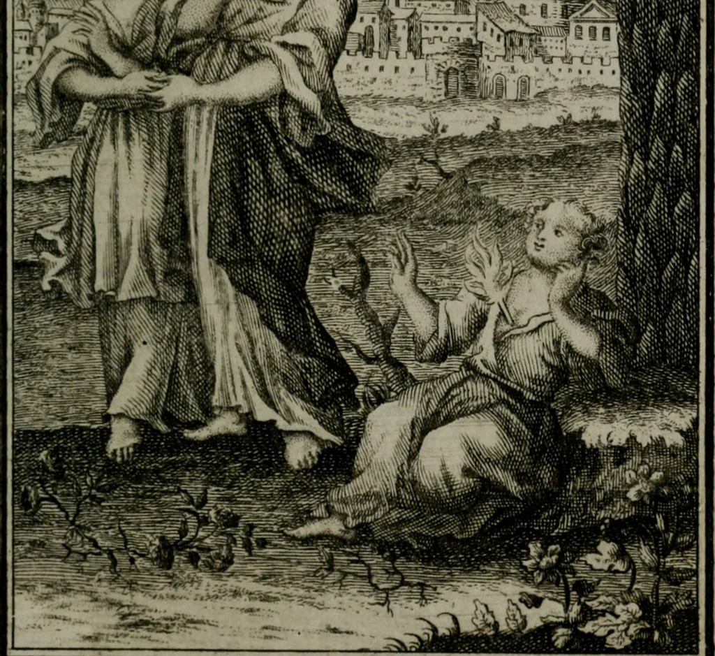 An illustration from Die ihren Gott liebende Seele, vorgestellt in den Sinnbildern des Hermanni Hugonis über seine Pia desideria, und des Ottonis Vaenii, über die Liebe Gottes, mit neuen Kupffern und Versen, welche zielen auf das innere Christenthum, aus dem Frantzösischen ins Teutsche übersetzt, 1743, leaf 134