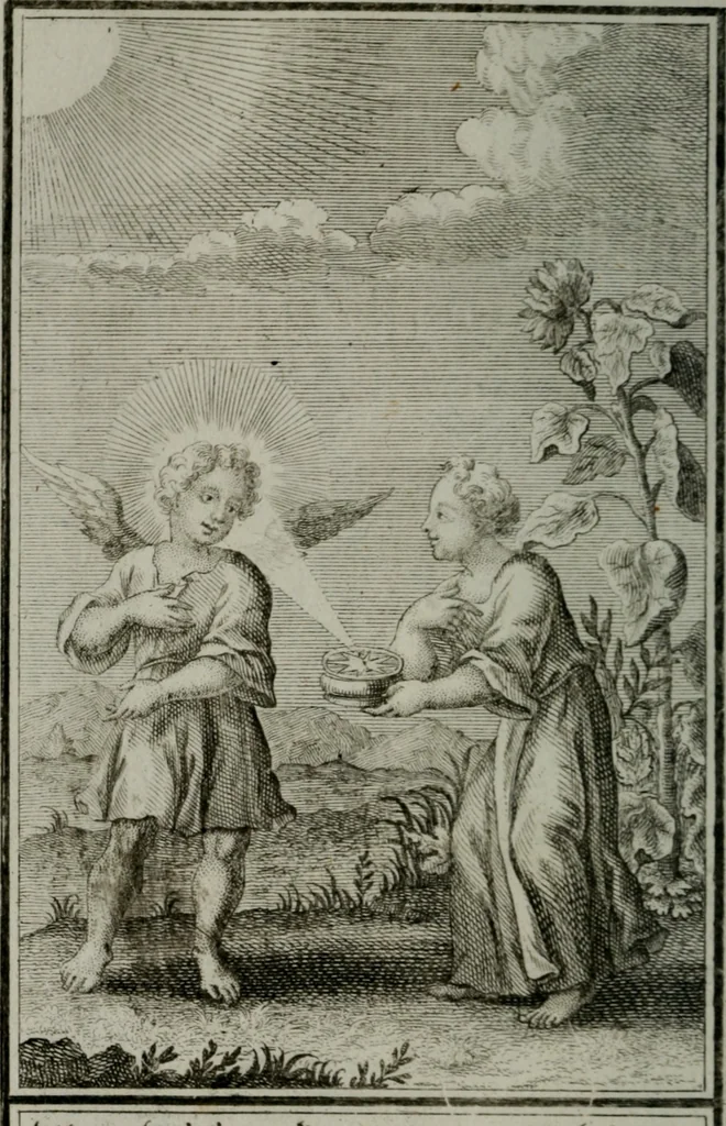 An illustration from Die ihren Gott liebende Seele, vorgestellt in den Sinnbildern des Hermanni Hugonis über seine Pia desideria, und des Ottonis Vaenii, über die Liebe Gottes, mit neuen Kupffern und Versen, welche zielen auf das innere Christenthum, aus dem Frantzösischen ins Teutsche übersetzt, 1743, leaf 143