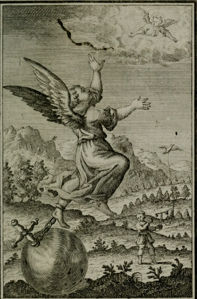 An illustration from Die ihren Gott liebende Seele, vorgestellt in den Sinnbildern des Hermanni Hugonis über seine Pia desideria, und des Ottonis Vaenii, über die Liebe Gottes, mit neuen Kupffern und Versen, welche zielen auf das innere Christenthum, aus dem Frantzösischen ins Teutsche übersetzt, 1743, leaf 158