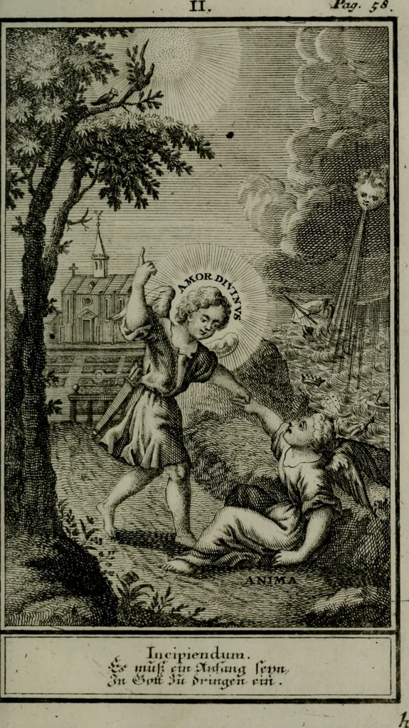 An illustration from Die ihren Gott liebende Seele, vorgestellt in den Sinnbildern des Hermanni Hugonis über seine Pia desideria, und des Ottonis Vaenii, über die Liebe Gottes, mit neuen Kupffern und Versen, welche zielen auf das innere Christenthum, aus dem Frantzösischen ins Teutsche übersetzt, 1743, leaf 192