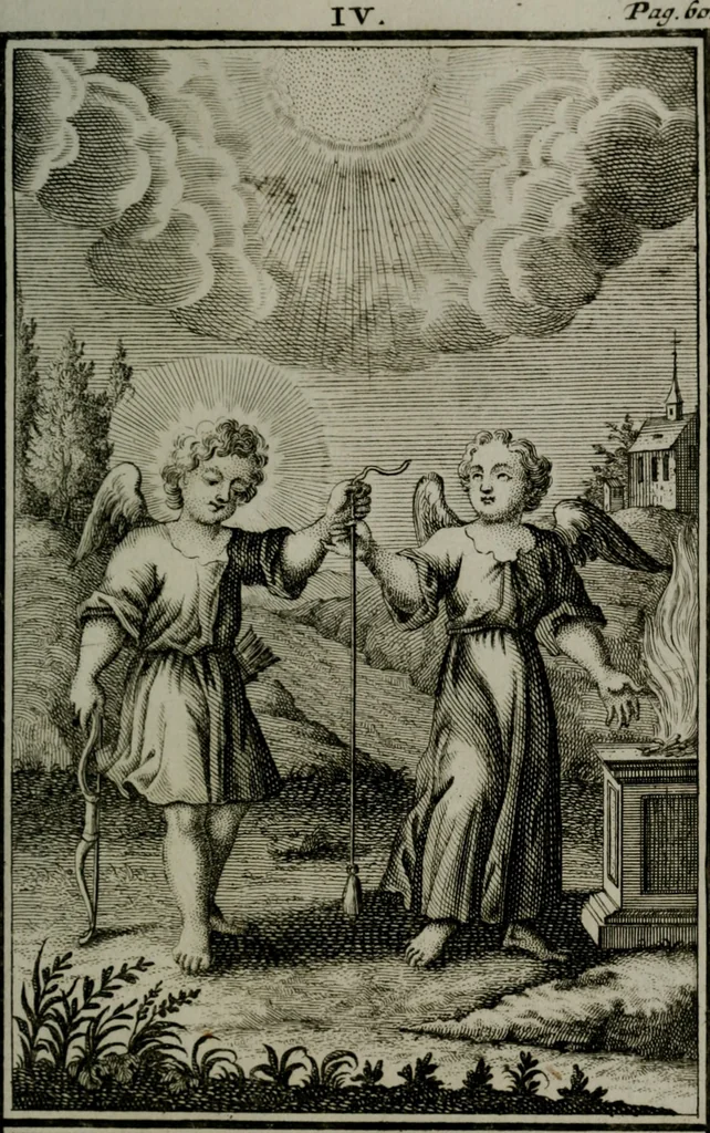 An illustration from Die ihren Gott liebende Seele, vorgestellt in den Sinnbildern des Hermanni Hugonis über seine Pia desideria, und des Ottonis Vaenii, über die Liebe Gottes, mit neuen Kupffern und Versen, welche zielen auf das innere Christenthum, aus dem Frantzösischen ins Teutsche übersetzt, 1743, leaf 198