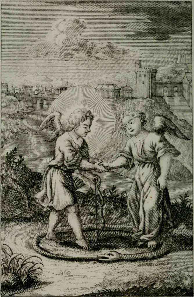 An illustration from Die ihren Gott liebende Seele, vorgestellt in den Sinnbildern des Hermanni Hugonis über seine Pia desideria, und des Ottonis Vaenii, über die Liebe Gottes, mit neuen Kupffern und Versen, welche zielen auf das innere Christenthum, aus dem Frantzösischen ins Teutsche übersetzt, 1743, leaf 201