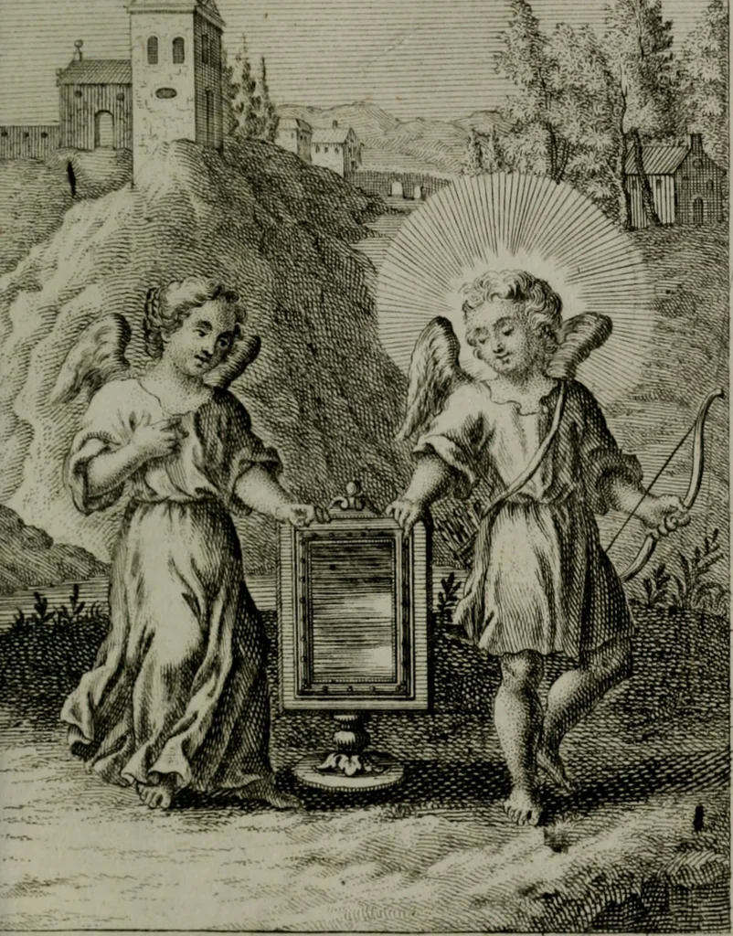 An illustration from Die ihren Gott liebende Seele, vorgestellt in den Sinnbildern des Hermanni Hugonis über seine Pia desideria, und des Ottonis Vaenii, über die Liebe Gottes, mit neuen Kupffern und Versen, welche zielen auf das innere Christenthum, aus dem Frantzösischen ins Teutsche übersetzt, 1743, leaf 216