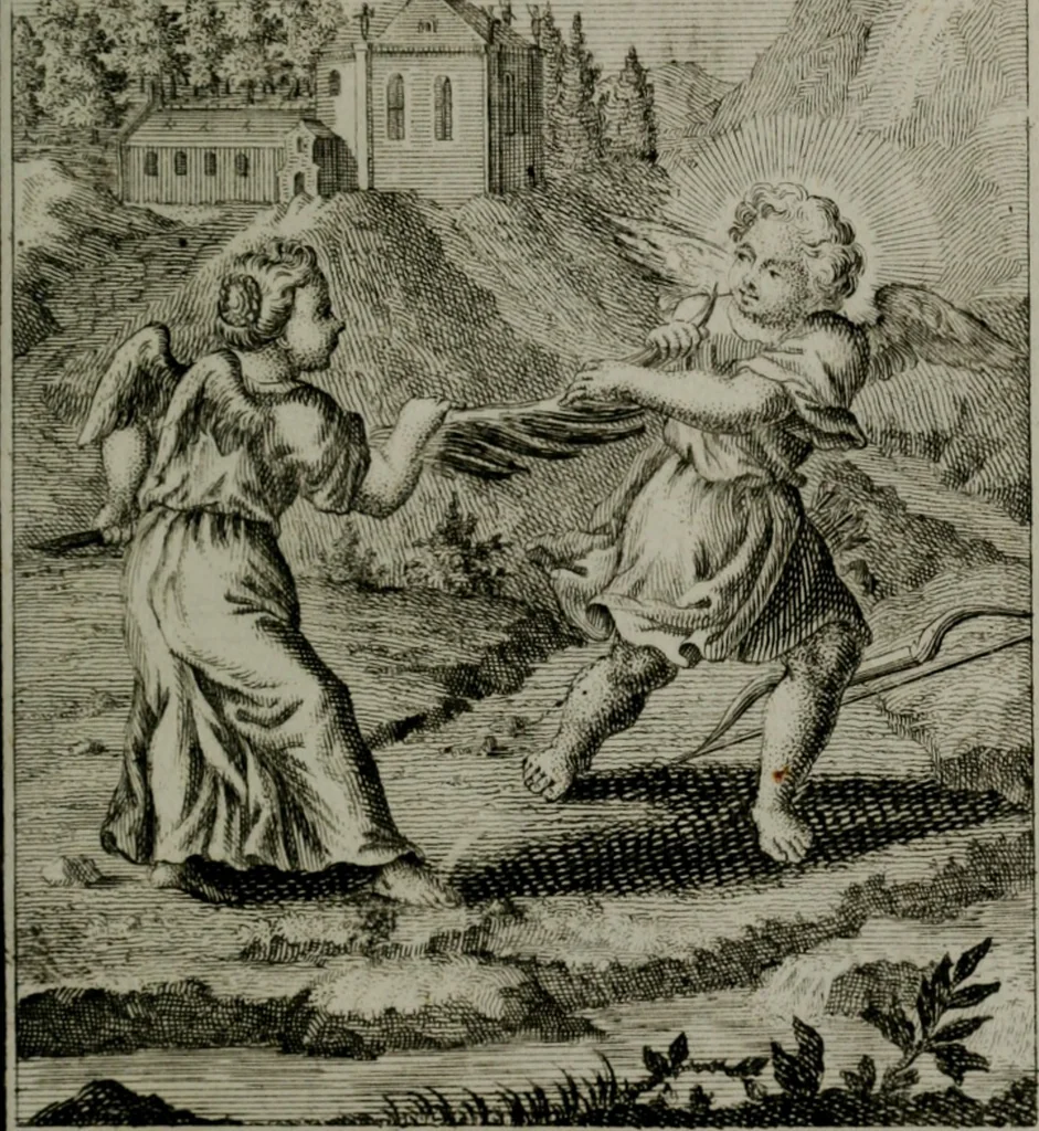 An illustration from Die ihren Gott liebende Seele, vorgestellt in den Sinnbildern des Hermanni Hugonis über seine Pia desideria, und des Ottonis Vaenii, über die Liebe Gottes, mit neuen Kupffern und Versen, welche zielen auf das innere Christenthum, aus dem Frantzösischen ins Teutsche übersetzt, 1743, leaf 222
