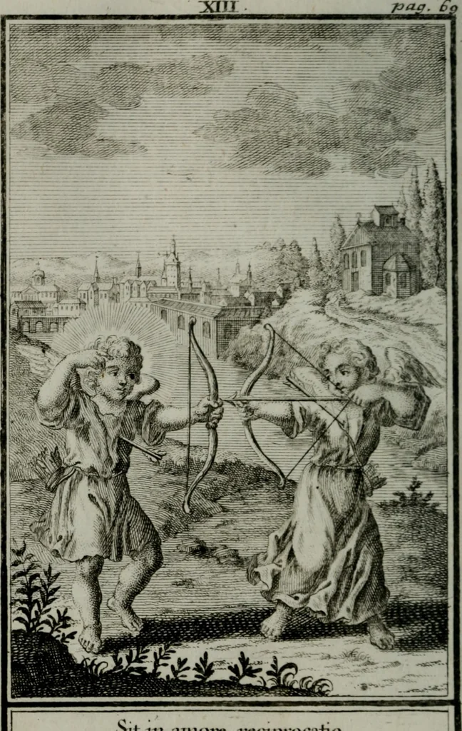 An illustration from Die ihren Gott liebende Seele, vorgestellt in den Sinnbildern des Hermanni Hugonis über seine Pia desideria, und des Ottonis Vaenii, über die Liebe Gottes, mit neuen Kupffern und Versen, welche zielen auf das innere Christenthum, aus dem Frantzösischen ins Teutsche übersetzt, 1743, leaf 225