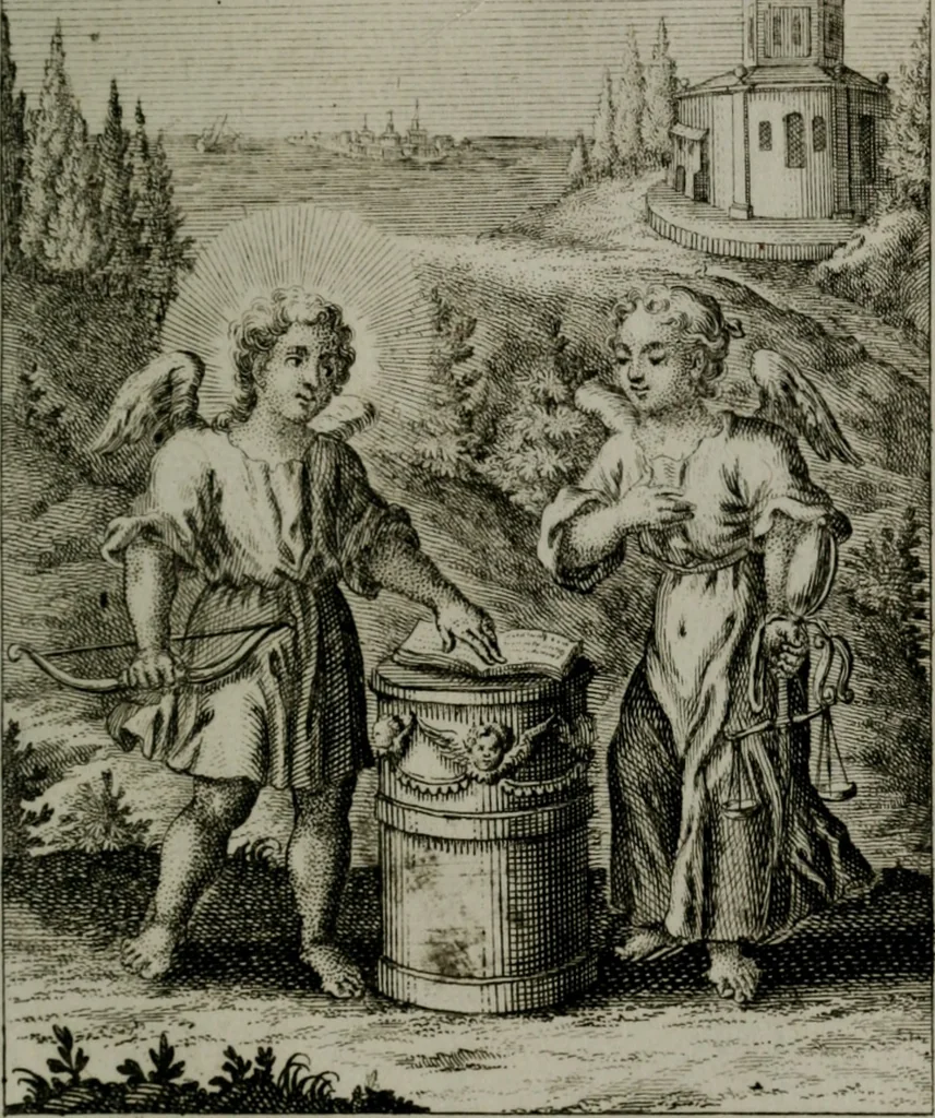 An illustration from Die ihren Gott liebende Seele, vorgestellt in den Sinnbildern des Hermanni Hugonis über seine Pia desideria, und des Ottonis Vaenii, über die Liebe Gottes, mit neuen Kupffern und Versen, welche zielen auf das innere Christenthum, aus dem Frantzösischen ins Teutsche übersetzt, 1743, leaf 228