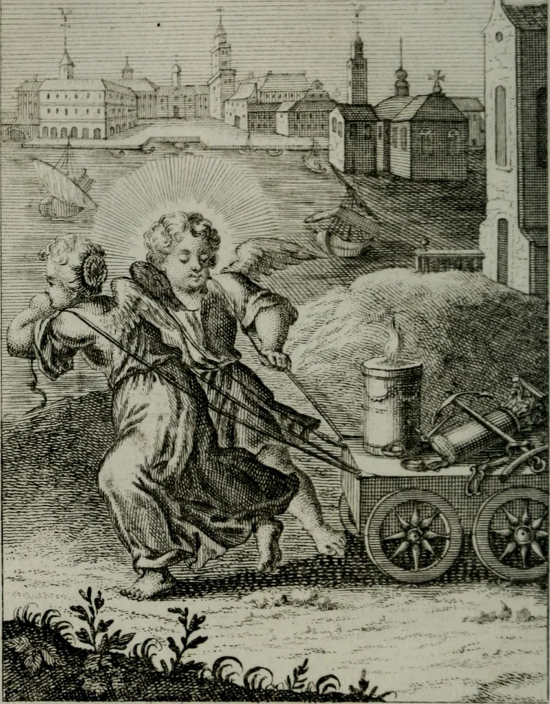 An illustration from Die ihren Gott liebende Seele, vorgestellt in den Sinnbildern des Hermanni Hugonis über seine Pia desideria, und des Ottonis Vaenii, über die Liebe Gottes, mit neuen Kupffern und Versen, welche zielen auf das innere Christenthum, aus dem Frantzösischen ins Teutsche übersetzt, 1743, leaf 231