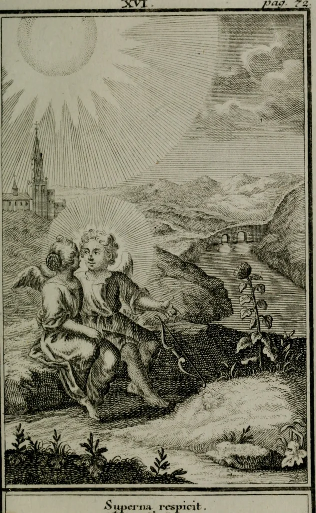 An illustration from Die ihren Gott liebende Seele, vorgestellt in den Sinnbildern des Hermanni Hugonis über seine Pia desideria, und des Ottonis Vaenii, über die Liebe Gottes, mit neuen Kupffern und Versen, welche zielen auf das innere Christenthum, aus dem Frantzösischen ins Teutsche übersetzt, 1743, leaf 234