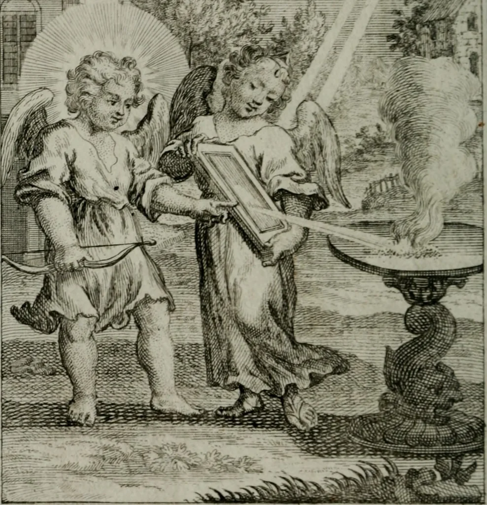 An illustration from Die ihren Gott liebende Seele, vorgestellt in den Sinnbildern des Hermanni Hugonis über seine Pia desideria, und des Ottonis Vaenii, über die Liebe Gottes, mit neuen Kupffern und Versen, welche zielen auf das innere Christenthum, aus dem Frantzösischen ins Teutsche übersetzt, 1743, leaf 237