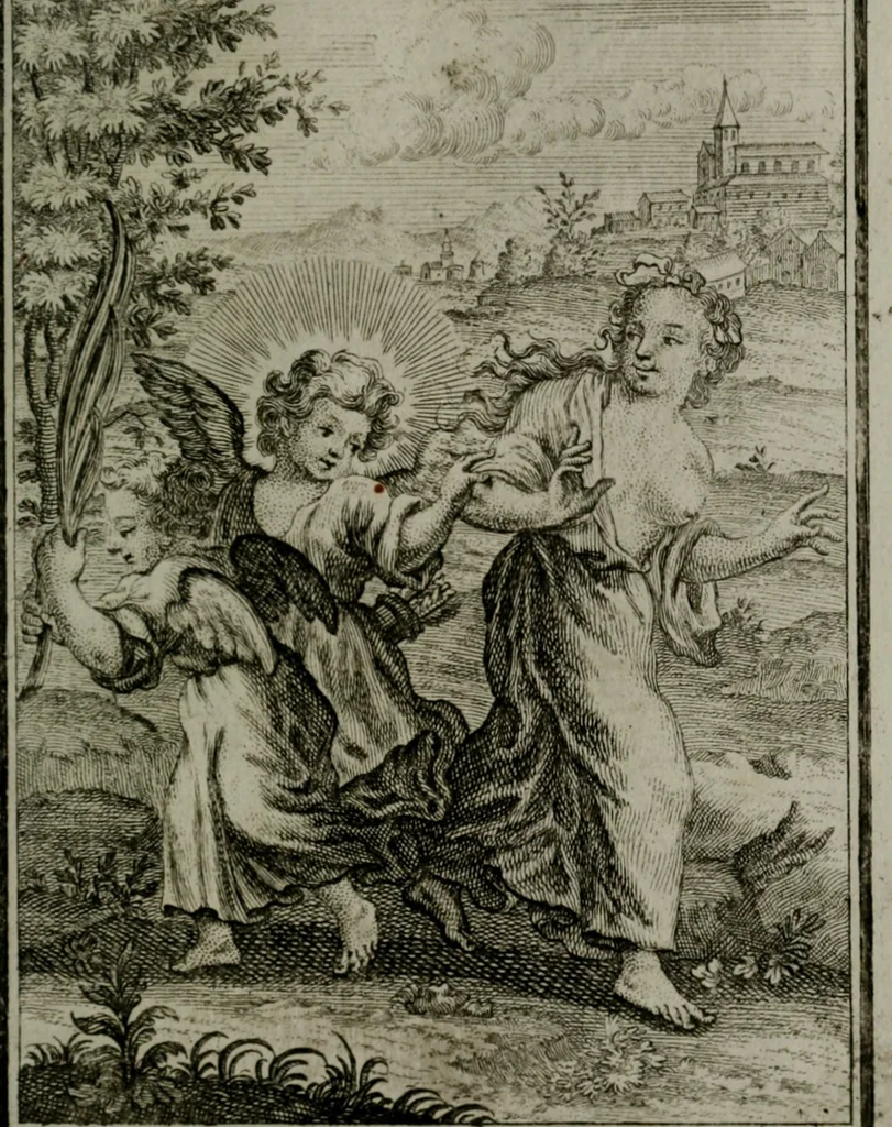 An illustration from Die ihren Gott liebende Seele, vorgestellt in den Sinnbildern des Hermanni Hugonis über seine Pia desideria, und des Ottonis Vaenii, über die Liebe Gottes, mit neuen Kupffern und Versen, welche zielen auf das innere Christenthum, aus dem Frantzösischen ins Teutsche übersetzt, 1743, leaf 246