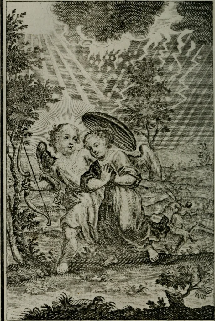 An illustration from Die ihren Gott liebende Seele, vorgestellt in den Sinnbildern des Hermanni Hugonis über seine Pia desideria, und des Ottonis Vaenii, über die Liebe Gottes, mit neuen Kupffern und Versen, welche zielen auf das innere Christenthum, aus dem Frantzösischen ins Teutsche übersetzt, 1743, leaf 249