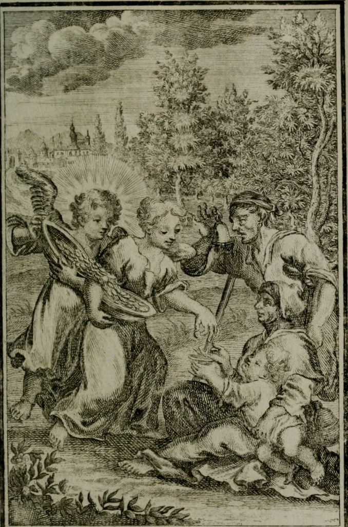 An illustration from Die ihren Gott liebende Seele, vorgestellt in den Sinnbildern des Hermanni Hugonis über seine Pia desideria, und des Ottonis Vaenii, über die Liebe Gottes, mit neuen Kupffern und Versen, welche zielen auf das innere Christenthum, aus dem Frantzösischen ins Teutsche übersetzt, 1743, leaf 258