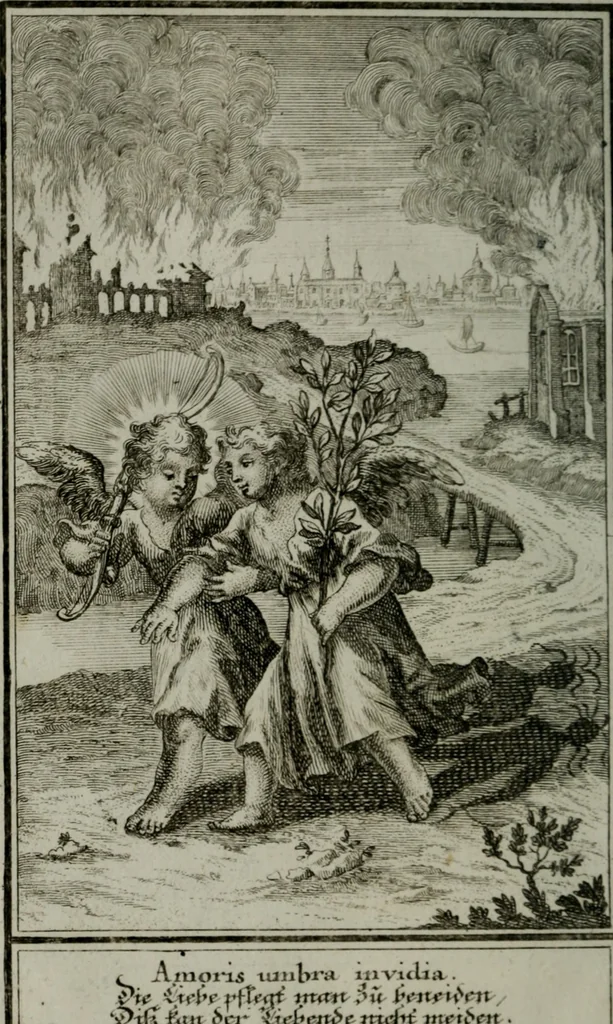 An illustration from Die ihren Gott liebende Seele, vorgestellt in den Sinnbildern des Hermanni Hugonis über seine Pia desideria, und des Ottonis Vaenii, über die Liebe Gottes, mit neuen Kupffern und Versen, welche zielen auf das innere Christenthum, aus dem Frantzösischen ins Teutsche übersetzt, 1743, leaf 261