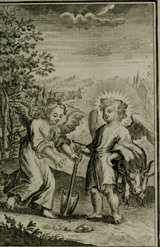 An illustration from Die ihren Gott liebende Seele, vorgestellt in den Sinnbildern des Hermanni Hugonis über seine Pia desideria, und des Ottonis Vaenii, über die Liebe Gottes, mit neuen Kupffern und Versen, welche zielen auf das innere Christenthum, aus dem Frantzösischen ins Teutsche übersetzt, 1743, leaf 264