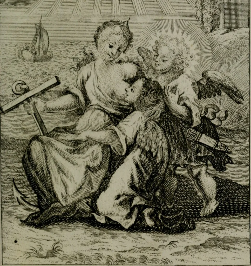 An illustration from Die ihren Gott liebende Seele, vorgestellt in den Sinnbildern des Hermanni Hugonis über seine Pia desideria, und des Ottonis Vaenii, über die Liebe Gottes, mit neuen Kupffern und Versen, welche zielen auf das innere Christenthum, aus dem Frantzösischen ins Teutsche übersetzt, 1743, leaf 276