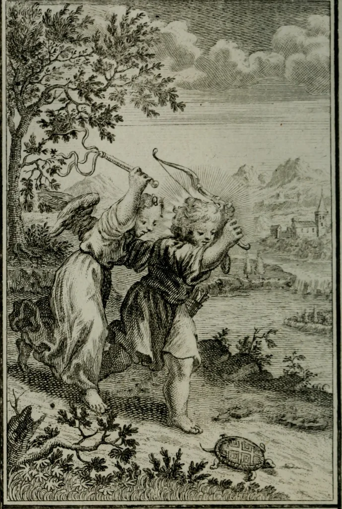 An illustration from Die ihren Gott liebende Seele, vorgestellt in den Sinnbildern des Hermanni Hugonis über seine Pia desideria, und des Ottonis Vaenii, über die Liebe Gottes, mit neuen Kupffern und Versen, welche zielen auf das innere Christenthum, aus dem Frantzösischen ins Teutsche übersetzt, 1743, leaf 279