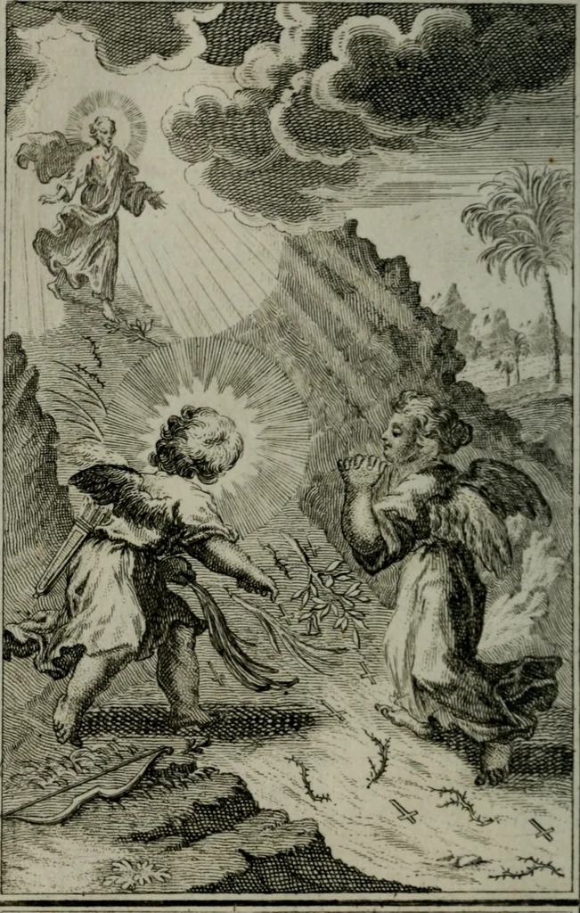 An illustration from Die ihren Gott liebende Seele, vorgestellt in den Sinnbildern des Hermanni Hugonis über seine Pia desideria, und des Ottonis Vaenii, über die Liebe Gottes, mit neuen Kupffern und Versen, welche zielen auf das innere Christenthum, aus dem Frantzösischen ins Teutsche übersetzt, 1743, leaf 285