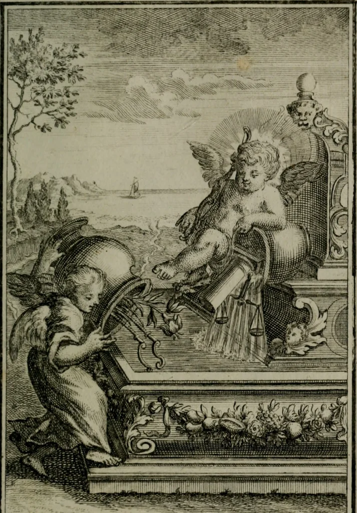 An illustration from Die ihren Gott liebende Seele, vorgestellt in den Sinnbildern des Hermanni Hugonis über seine Pia desideria, und des Ottonis Vaenii, über die Liebe Gottes, mit neuen Kupffern und Versen, welche zielen auf das innere Christenthum, aus dem Frantzösischen ins Teutsche übersetzt, 1743, leaf 288