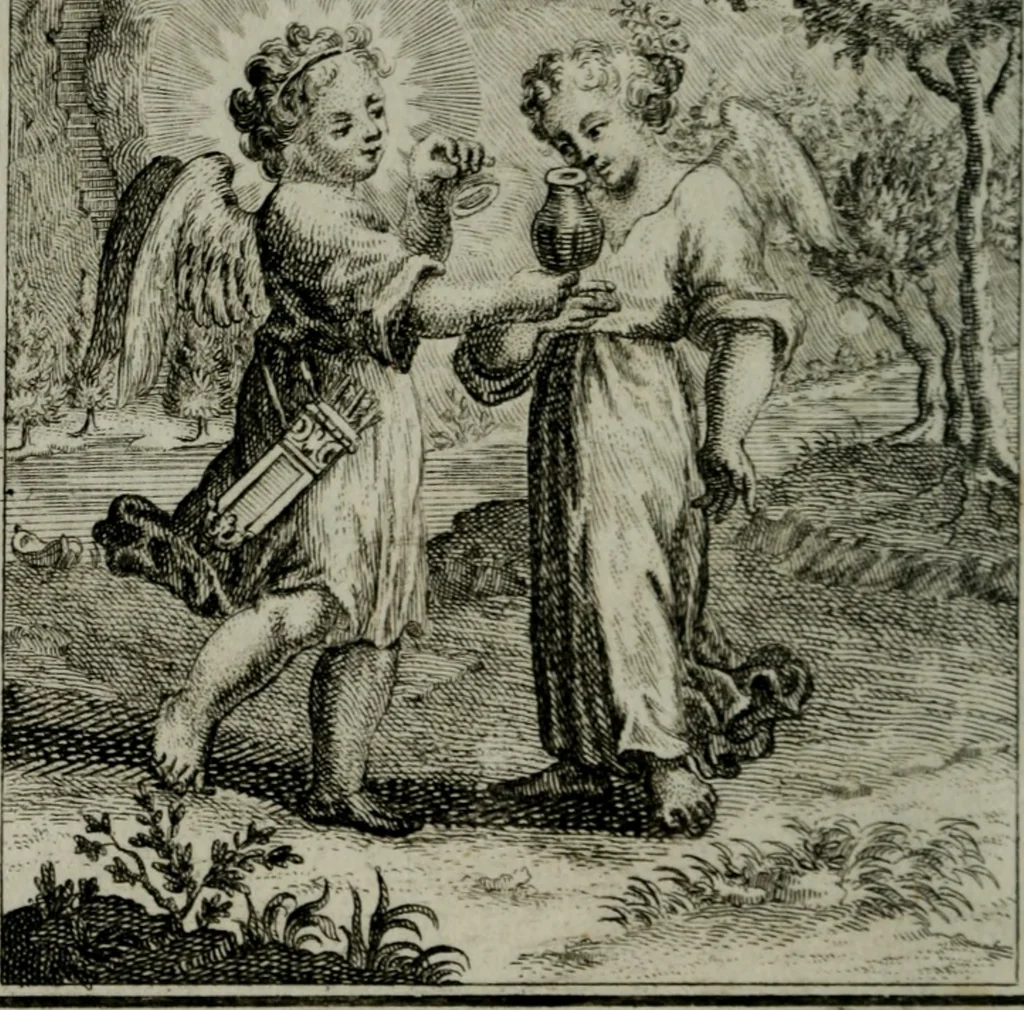 An illustration from Die ihren Gott liebende Seele, vorgestellt in den Sinnbildern des Hermanni Hugonis über seine Pia desideria, und des Ottonis Vaenii, über die Liebe Gottes, mit neuen Kupffern und Versen, welche zielen auf das innere Christenthum, aus dem Frantzösischen ins Teutsche übersetzt, 1743, leaf 297