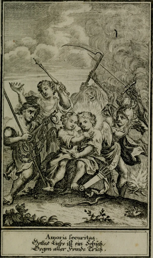 An illustration from Die ihren Gott liebende Seele, vorgestellt in den Sinnbildern des Hermanni Hugonis über seine Pia desideria, und des Ottonis Vaenii, über die Liebe Gottes, mit neuen Kupffern und Versen, welche zielen auf das innere Christenthum, aus dem Frantzösischen ins Teutsche übersetzt, 1743, leaf 300