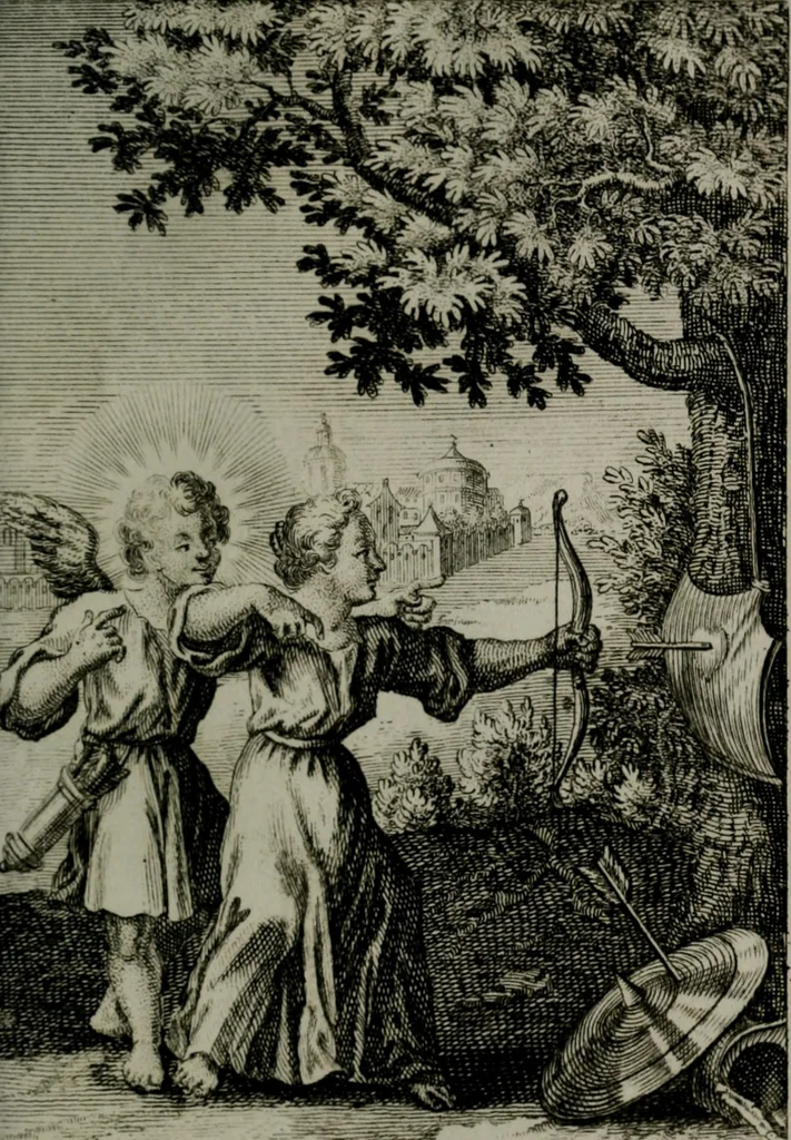 An illustration from Die ihren Gott liebende Seele, vorgestellt in den Sinnbildern des Hermanni Hugonis über seine Pia desideria, und des Ottonis Vaenii, über die Liebe Gottes, mit neuen Kupffern und Versen, welche zielen auf das innere Christenthum, aus dem Frantzösischen ins Teutsche übersetzt, 1743, leaf 312