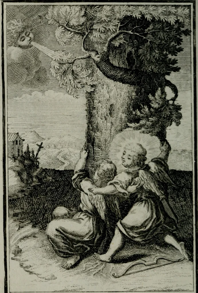 An illustration from Die ihren Gott liebende Seele, vorgestellt in den Sinnbildern des Hermanni Hugonis über seine Pia desideria, und des Ottonis Vaenii, über die Liebe Gottes, mit neuen Kupffern und Versen, welche zielen auf das innere Christenthum, aus dem Frantzösischen ins Teutsche übersetzt, 1743, leaf 315