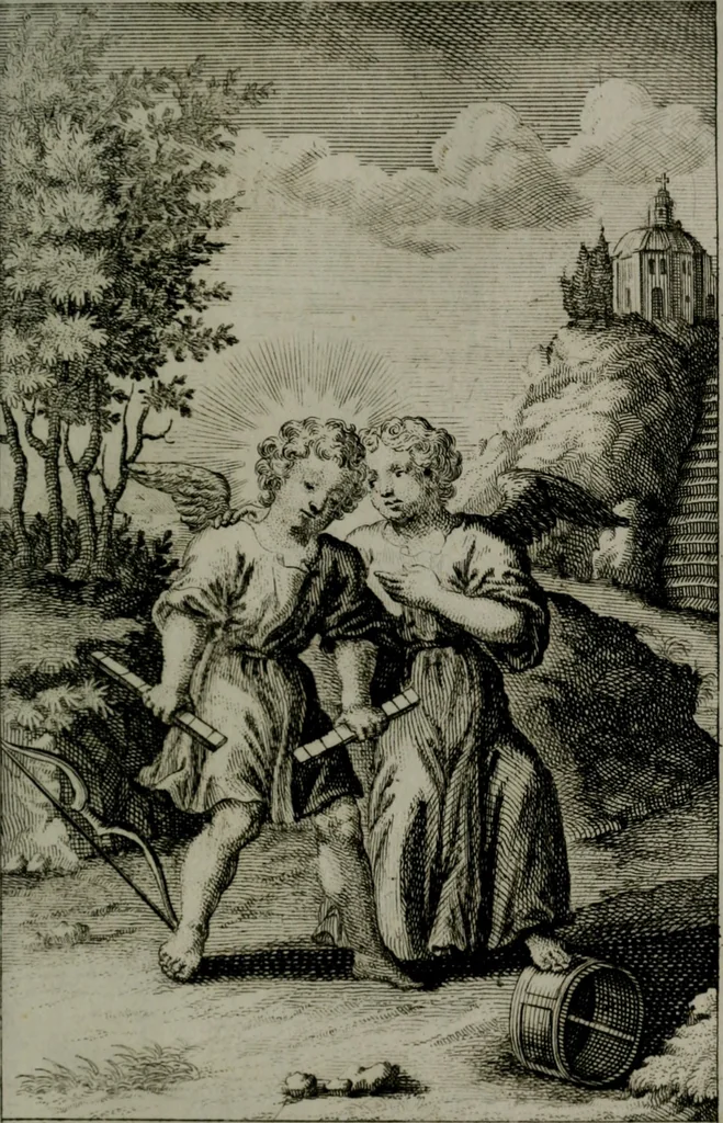 An illustration from Die ihren Gott liebende Seele, vorgestellt in den Sinnbildern des Hermanni Hugonis über seine Pia desideria, und des Ottonis Vaenii, über die Liebe Gottes, mit neuen Kupffern und Versen, welche zielen auf das innere Christenthum, aus dem Frantzösischen ins Teutsche übersetzt, 1743, leaf 318