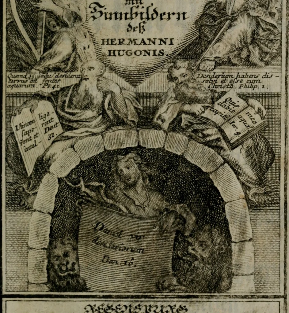 An illustration from Die ihren Gott liebende Seele, vorgestellt in den Sinnbildern des Hermanni Hugonis über seine Pia desideria, und des Ottonis Vaenii, über die Liebe Gottes, mit neuen Kupffern und Versen, welche zielen auf das innere Christenthum, aus dem Frantzösischen ins Teutsche übersetzt, 1743, leaf 32