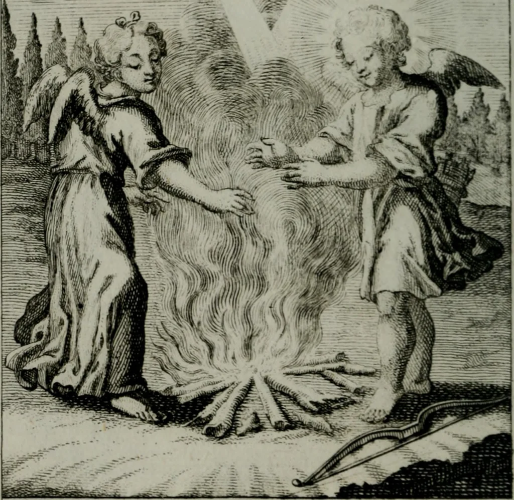 An illustration from Die ihren Gott liebende Seele, vorgestellt in den Sinnbildern des Hermanni Hugonis über seine Pia desideria, und des Ottonis Vaenii, über die Liebe Gottes, mit neuen Kupffern und Versen, welche zielen auf das innere Christenthum, aus dem Frantzösischen ins Teutsche übersetzt, 1743, leaf 321