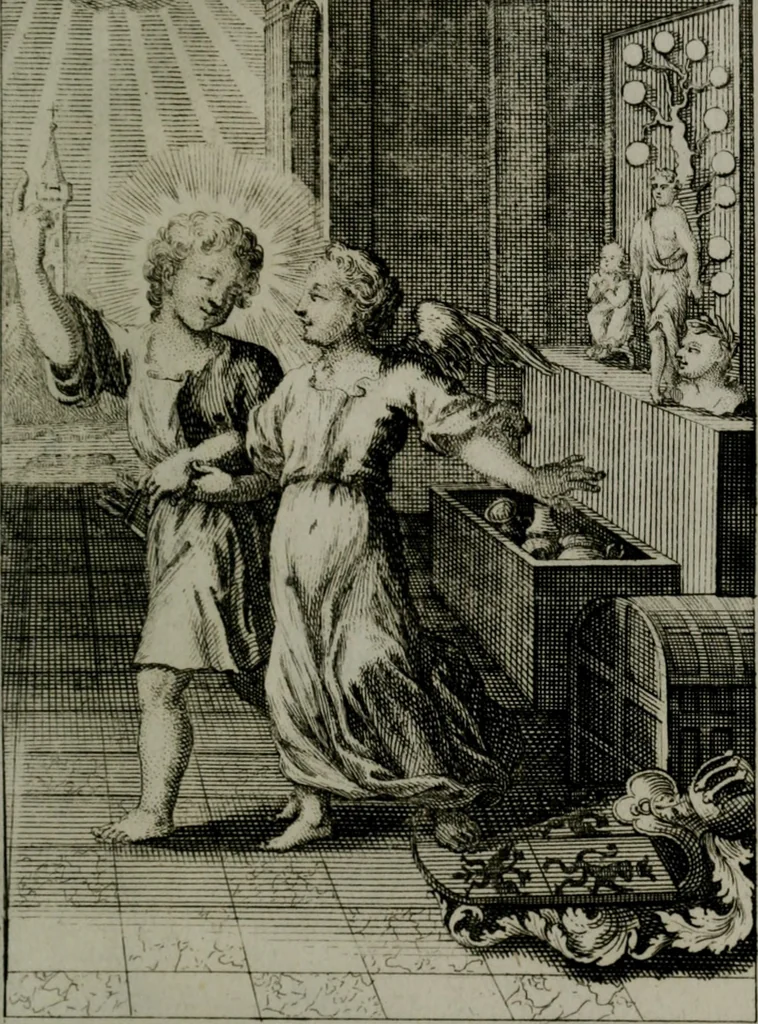 An illustration from Die ihren Gott liebende Seele, vorgestellt in den Sinnbildern des Hermanni Hugonis über seine Pia desideria, und des Ottonis Vaenii, über die Liebe Gottes, mit neuen Kupffern und Versen, welche zielen auf das innere Christenthum, aus dem Frantzösischen ins Teutsche übersetzt, 1743, leaf 324