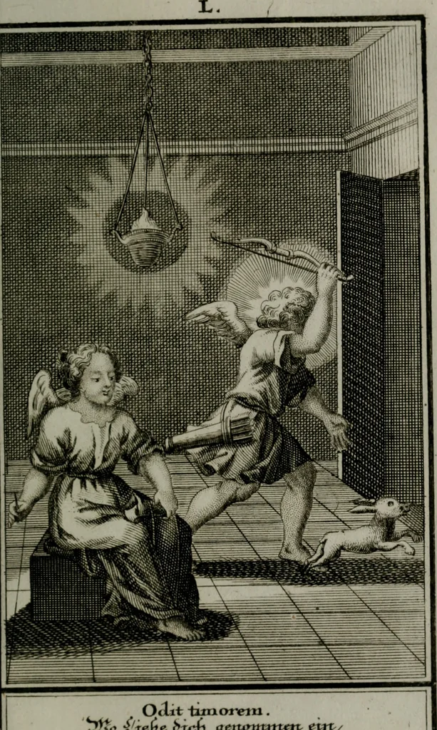 An illustration from Die ihren Gott liebende Seele, vorgestellt in den Sinnbildern des Hermanni Hugonis über seine Pia desideria, und des Ottonis Vaenii, über die Liebe Gottes, mit neuen Kupffern und Versen, welche zielen auf das innere Christenthum, aus dem Frantzösischen ins Teutsche übersetzt, 1743, leaf 336
