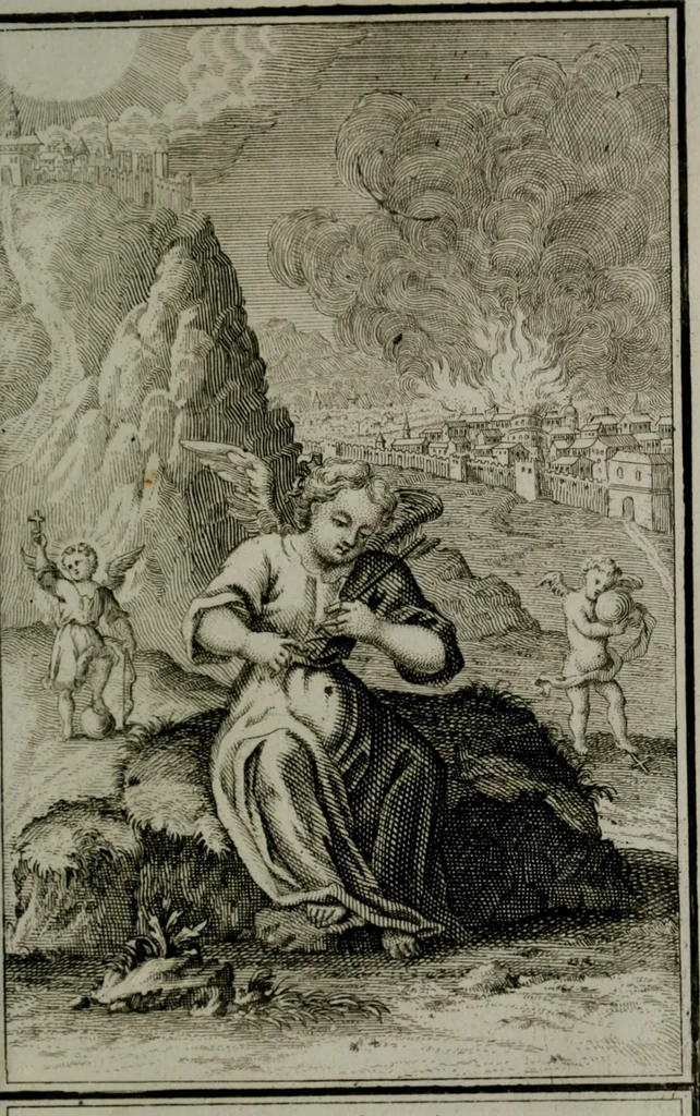An illustration from Die ihren Gott liebende Seele, vorgestellt in den Sinnbildern des Hermanni Hugonis über seine Pia desideria, und des Ottonis Vaenii, über die Liebe Gottes, mit neuen Kupffern und Versen, welche zielen auf das innere Christenthum, aus dem Frantzösischen ins Teutsche übersetzt, 1743, leaf 342