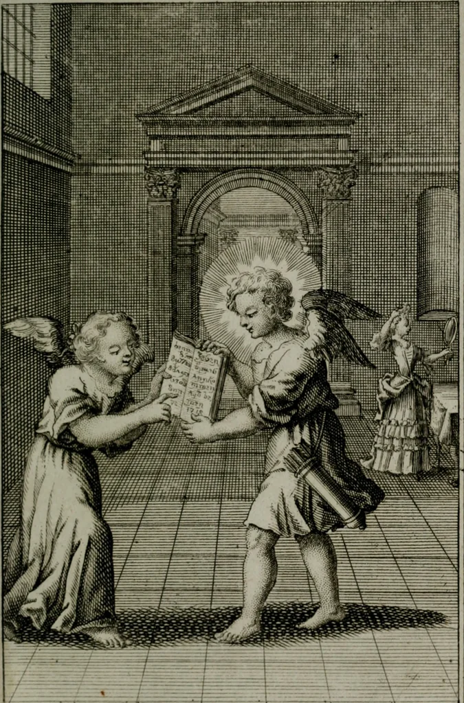 An illustration from Die ihren Gott liebende Seele, vorgestellt in den Sinnbildern des Hermanni Hugonis über seine Pia desideria, und des Ottonis Vaenii, über die Liebe Gottes, mit neuen Kupffern und Versen, welche zielen auf das innere Christenthum, aus dem Frantzösischen ins Teutsche übersetzt, 1743, leaf 348