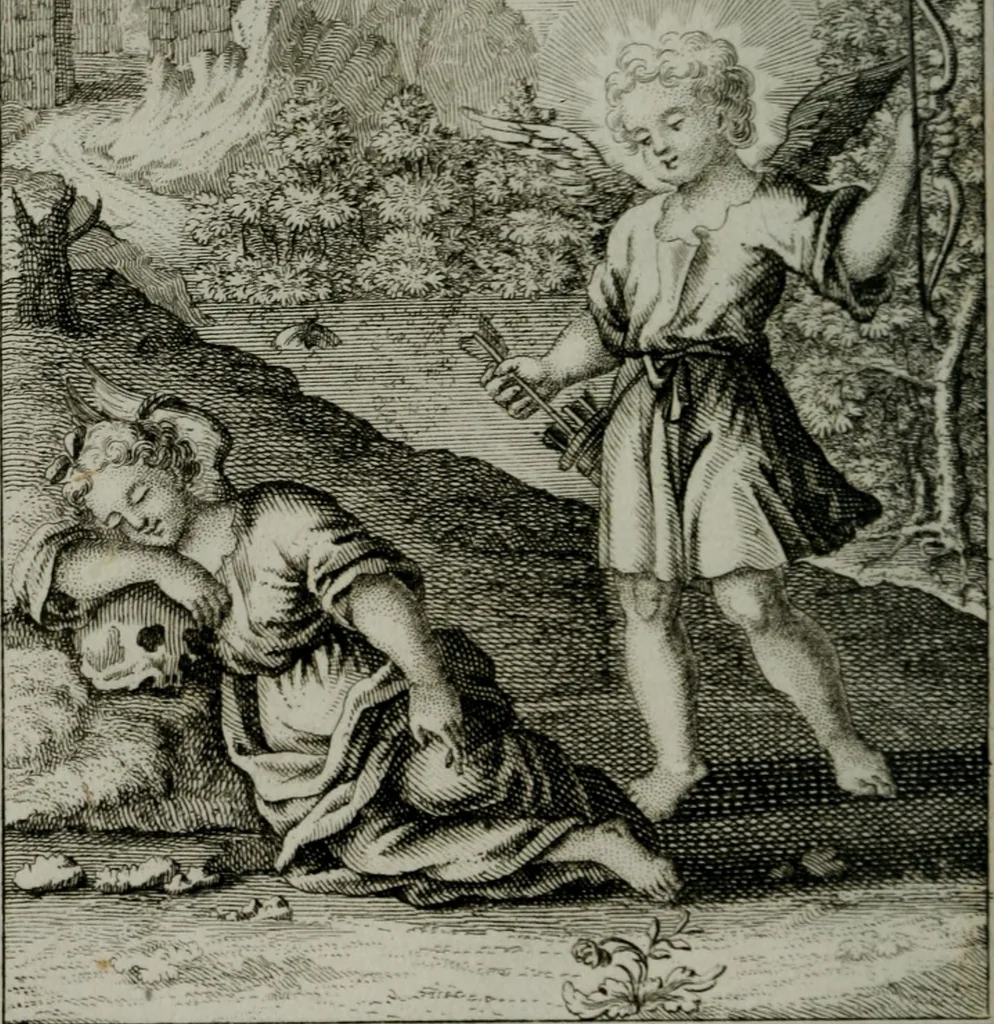An illustration from Die ihren Gott liebende Seele, vorgestellt in den Sinnbildern des Hermanni Hugonis über seine Pia desideria, und des Ottonis Vaenii, über die Liebe Gottes, mit neuen Kupffern und Versen, welche zielen auf das innere Christenthum, aus dem Frantzösischen ins Teutsche übersetzt, 1743, leaf 351