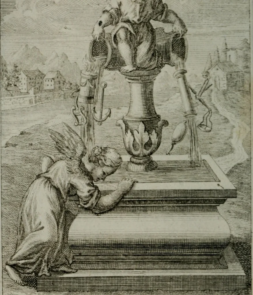 An illustration from Die ihren Gott liebende Seele, vorgestellt in den Sinnbildern des Hermanni Hugonis über seine Pia desideria, und des Ottonis Vaenii, über die Liebe Gottes, mit neuen Kupffern und Versen, welche zielen auf das innere Christenthum, aus dem Frantzösischen ins Teutsche übersetzt, 1743, leaf 357