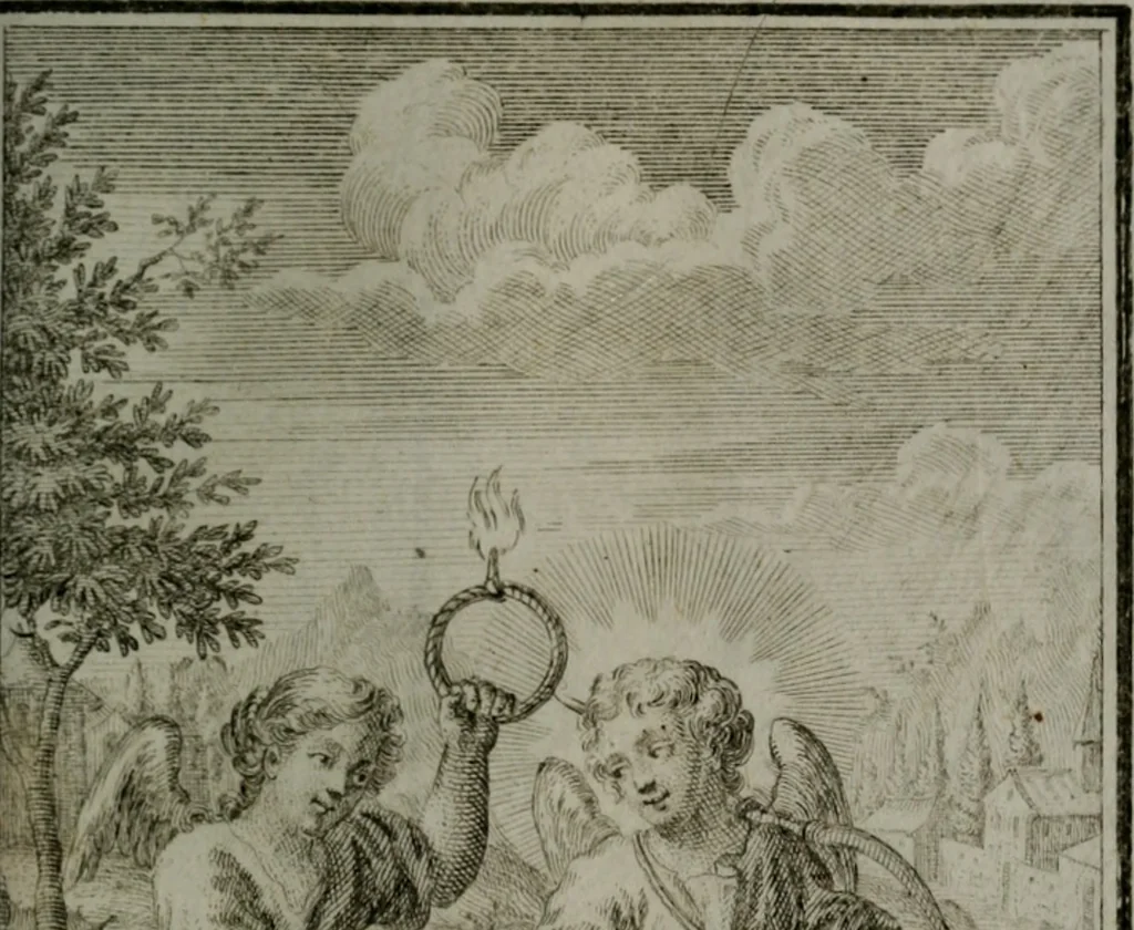 An illustration from Die ihren Gott liebende Seele, vorgestellt in den Sinnbildern des Hermanni Hugonis über seine Pia desideria, und des Ottonis Vaenii, über die Liebe Gottes, mit neuen Kupffern und Versen, welche zielen auf das innere Christenthum, aus dem Frantzösischen ins Teutsche übersetzt, 1743, leaf 360