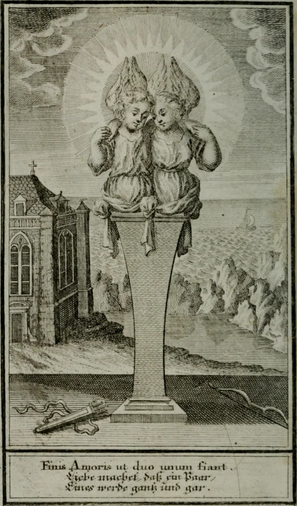 An illustration from Die ihren Gott liebende Seele, vorgestellt in den Sinnbildern des Hermanni Hugonis über seine Pia desideria, und des Ottonis Vaenii, über die Liebe Gottes, mit neuen Kupffern und Versen, welche zielen auf das innere Christenthum, aus dem Frantzösischen ins Teutsche übersetzt, 1743, leaf 363