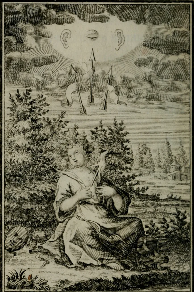 An illustration from Die ihren Gott liebende Seele, vorgestellt in den Sinnbildern des Hermanni Hugonis über seine Pia desideria, und des Ottonis Vaenii, über die Liebe Gottes, mit neuen Kupffern und Versen, welche zielen auf das innere Christenthum, aus dem Frantzösischen ins Teutsche übersetzt, 1743, leaf 41