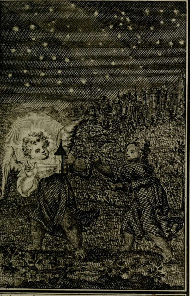 An illustration from Die ihren Gott liebende Seele, vorgestellt in den Sinnbildern des Hermanni Hugonis über seine Pia desideria, und des Ottonis Vaenii, über die Liebe Gottes, mit neuen Kupffern und Versen, welche zielen auf das innere Christenthum, aus dem Frantzösischen ins Teutsche übersetzt, 1743, leaf 44